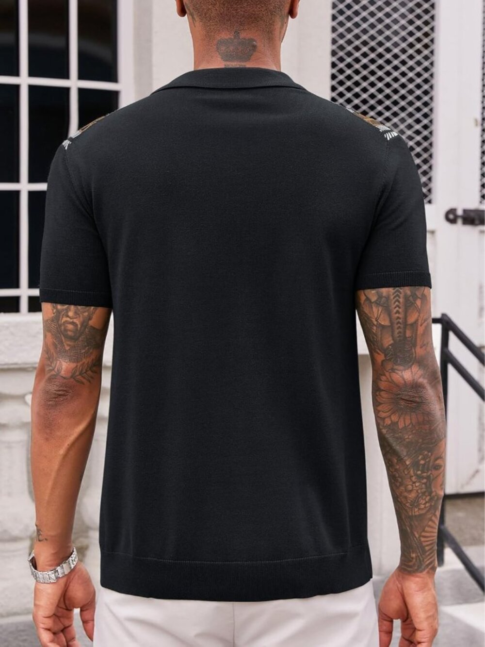 Men's Black Vintage Knit Polo Short Sleeve Casual Golf Old Money Shirt - Picture 3 of 5